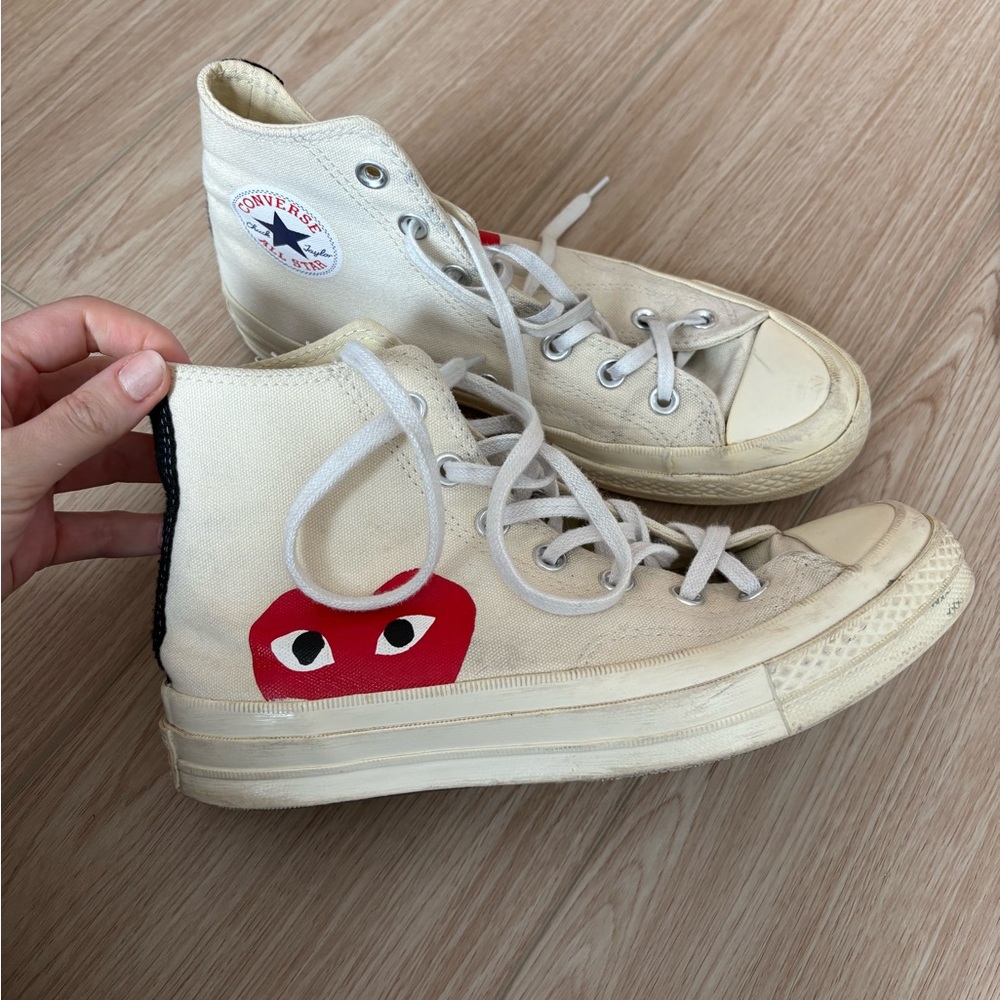 Converse Cream and Red High-Top Sneakers with Heart Design